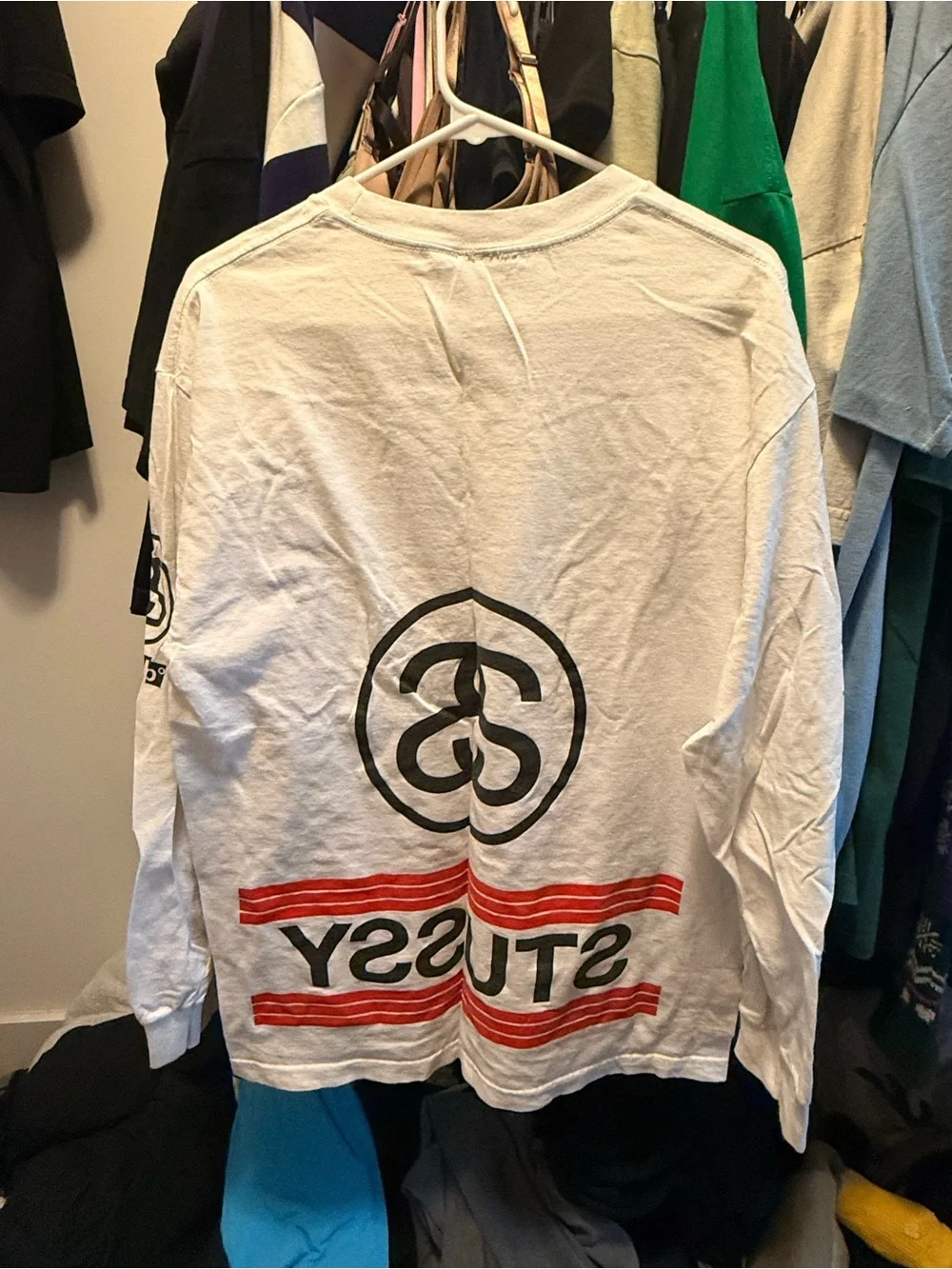 Stussy White Long Sleeve Tee with Black & Red Graphics - Picture 2 of 2